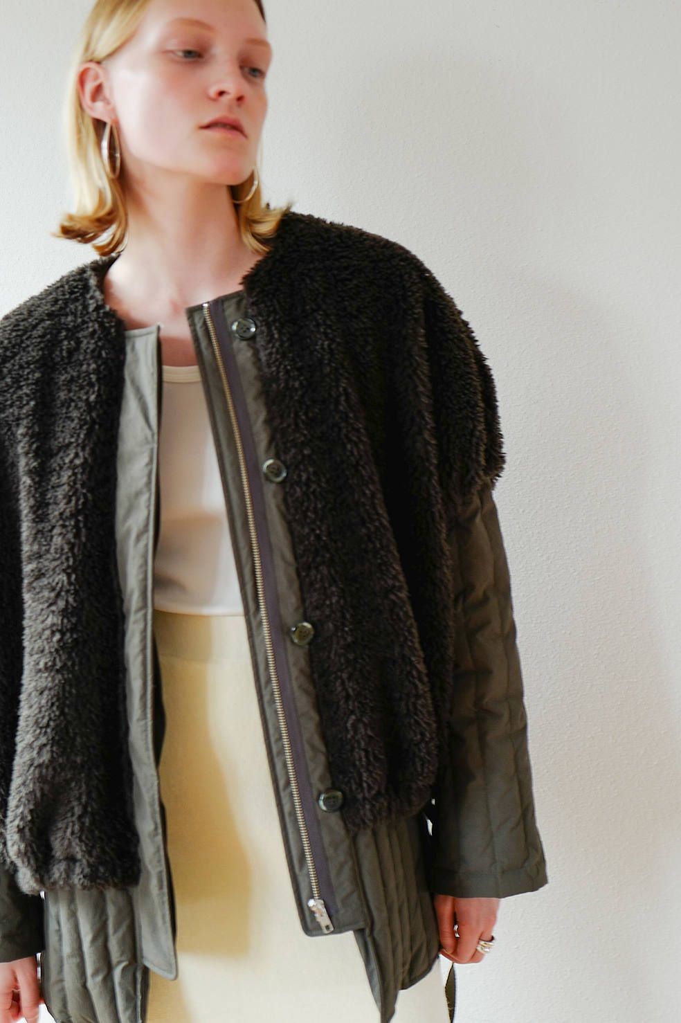 clane boa vest layered down coat