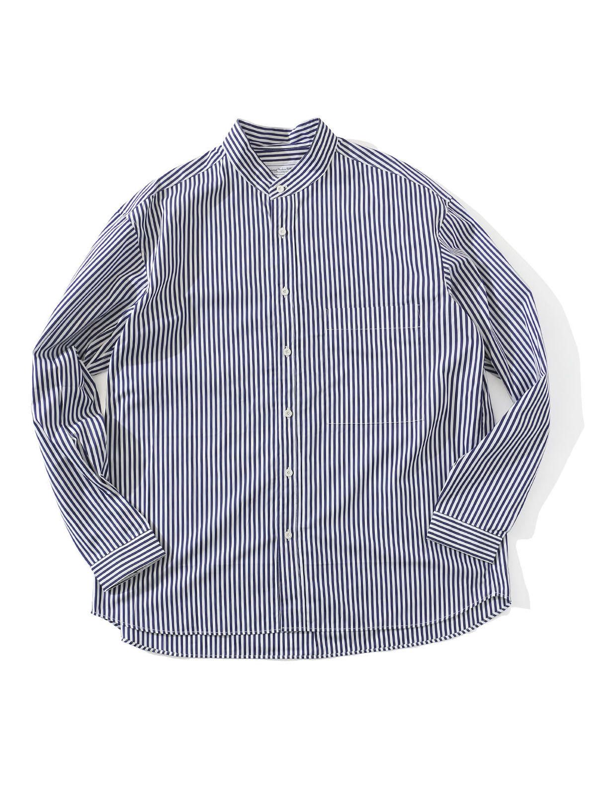 UNIVERSAL PRODUCTS - STRIPE T.M. BAND COLLAR L/S SHIRT - NAVY