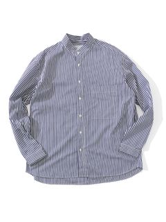 STRIPE T.M. BAND COLLAR L/S SHIRT - NAVY STRIPE