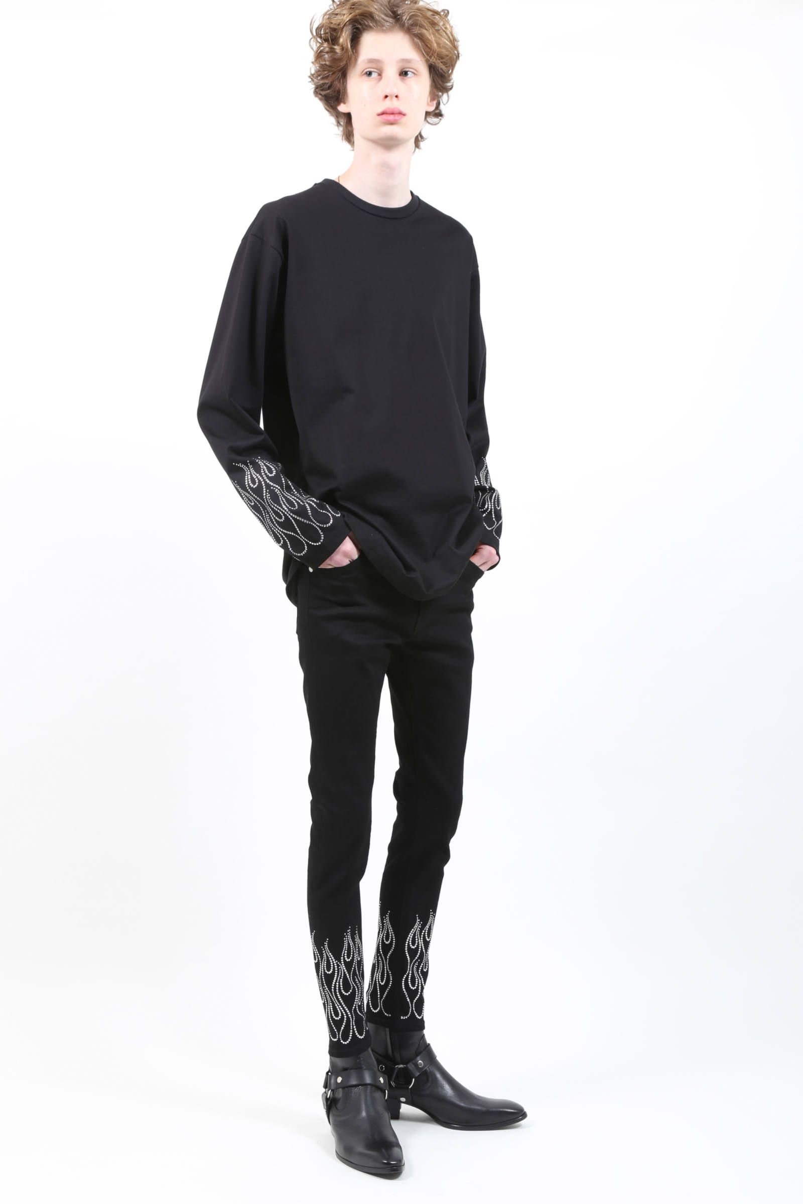 コットン天竺ファイヤーメタルドットロングスリーブプルオーバー - BLACK