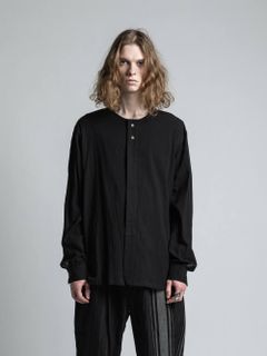 塩縮加工コットン ノーカラーシャツ - BLACK