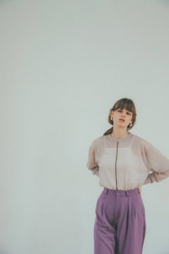COLOR LINE SHEER LONG SLEEVE TOPS - BEIGE