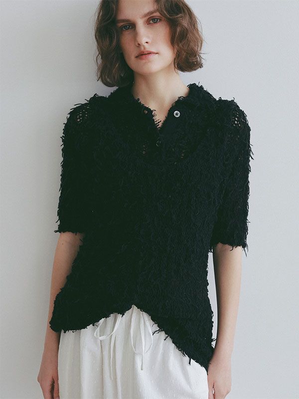 ミックスヤーンハーフスリーブコンパクトニットシャツ(BLACK)