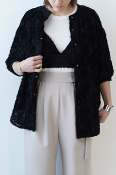 フリンジ ハーフスリーブ カーディガン - FRINGE HALF SLEEVE CARDIGAN - BLACK