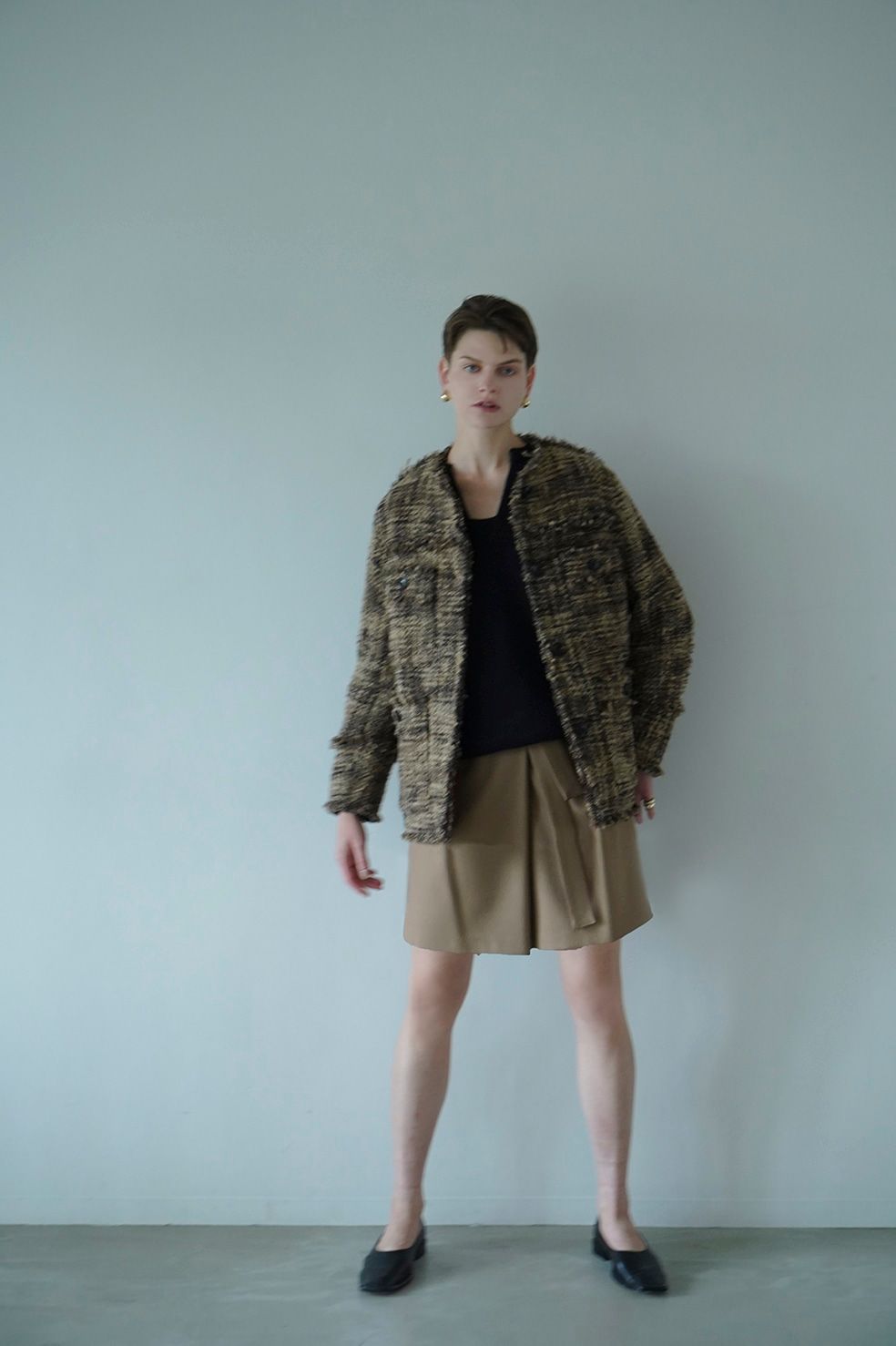 CLANE - ノーカラー ツイード ジャケット - NO COLOR TWEED JACKET - BEIGE | ADDICT WEB SHOP