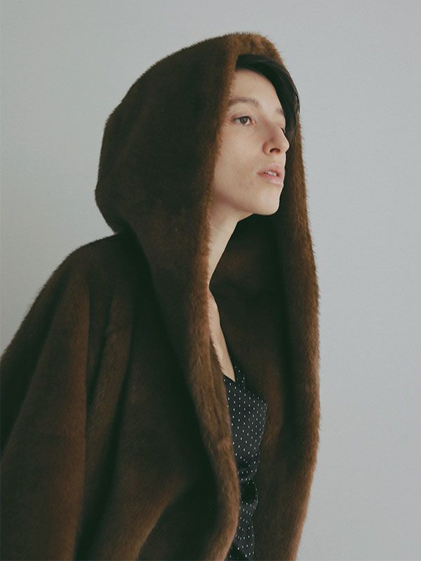 フェイクファーショールカラーフードコート -  BROWN