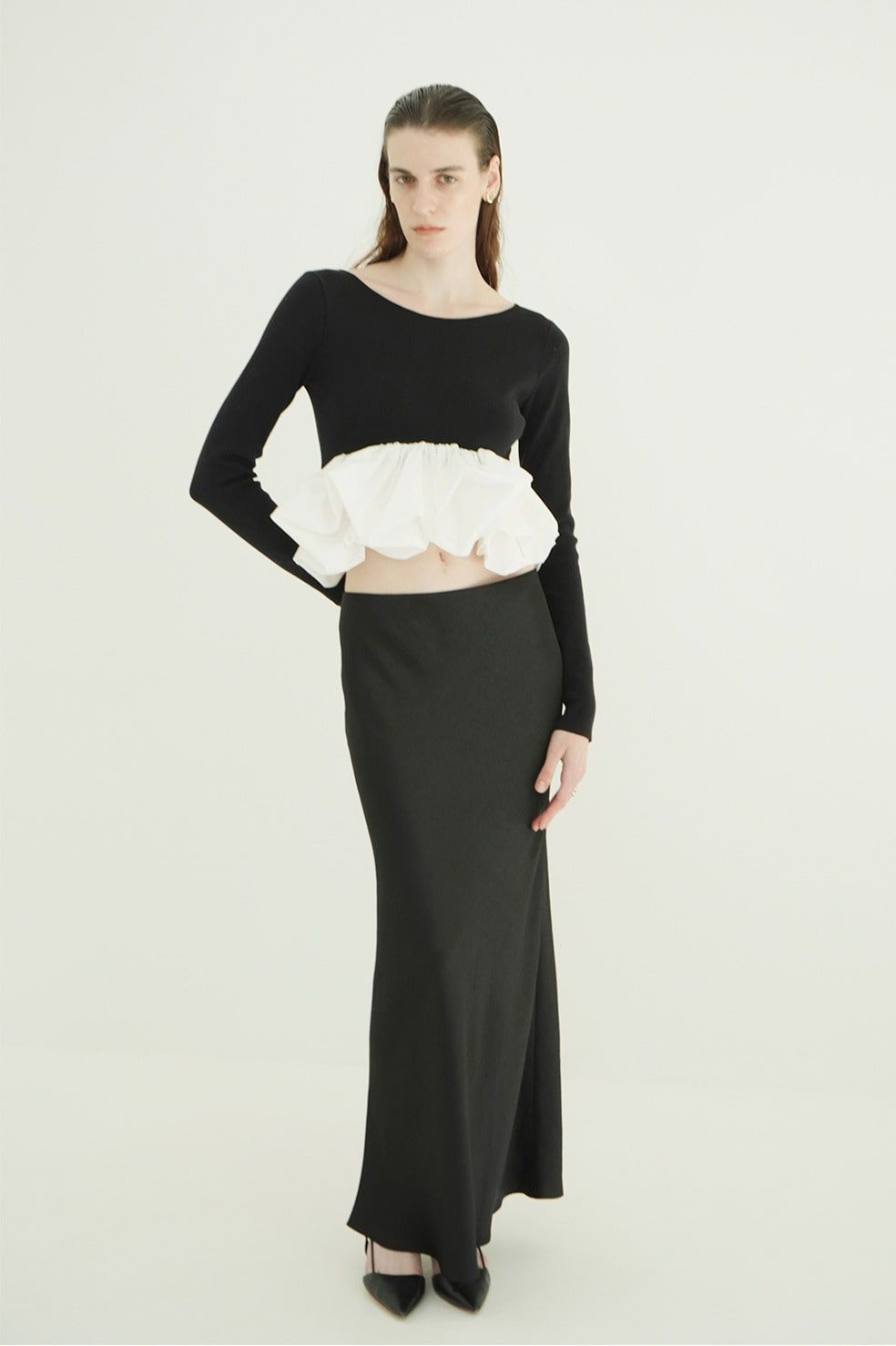バルーン ショートニット トップス -  W BALLOON SHORT KNIT TOPS(BLACK)