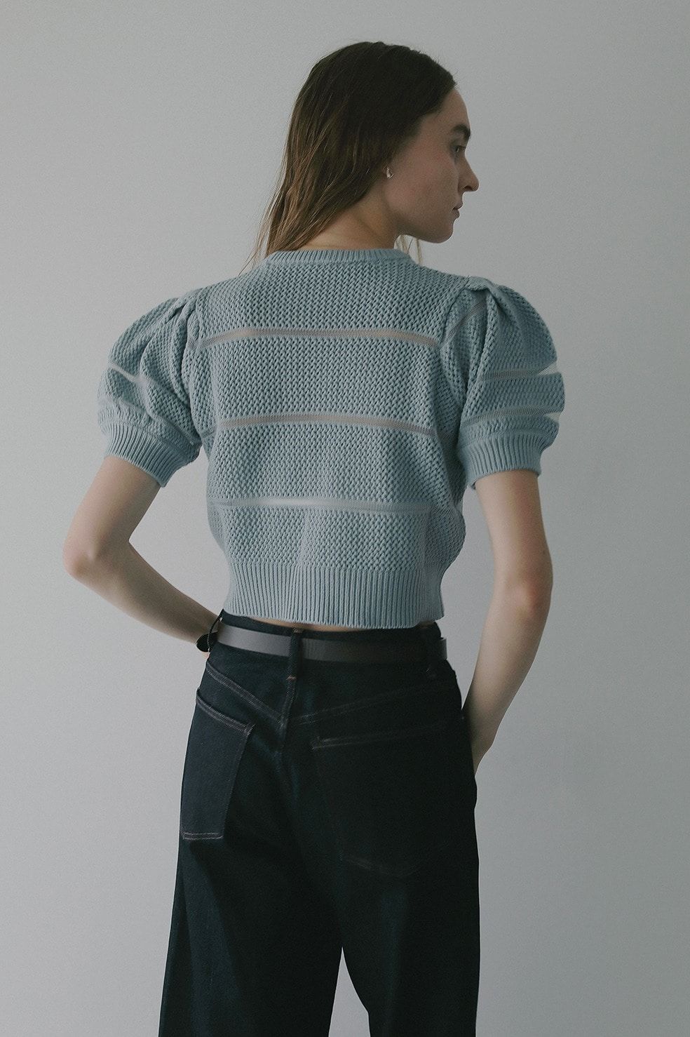 ショート丈ニットトップス - OPENWORK KNIT SHORT TOPS (BLUE)