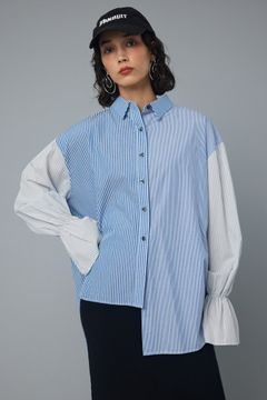 フリル アシンメトリー シャツ - Frill asymmetry shirt - 柄BLU