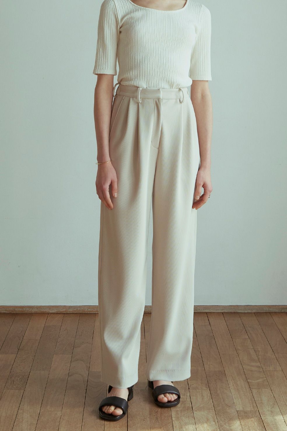 CLANE - RIB STRIPE TUCK PANTS - IVORY | ADDICT WEB SHOP