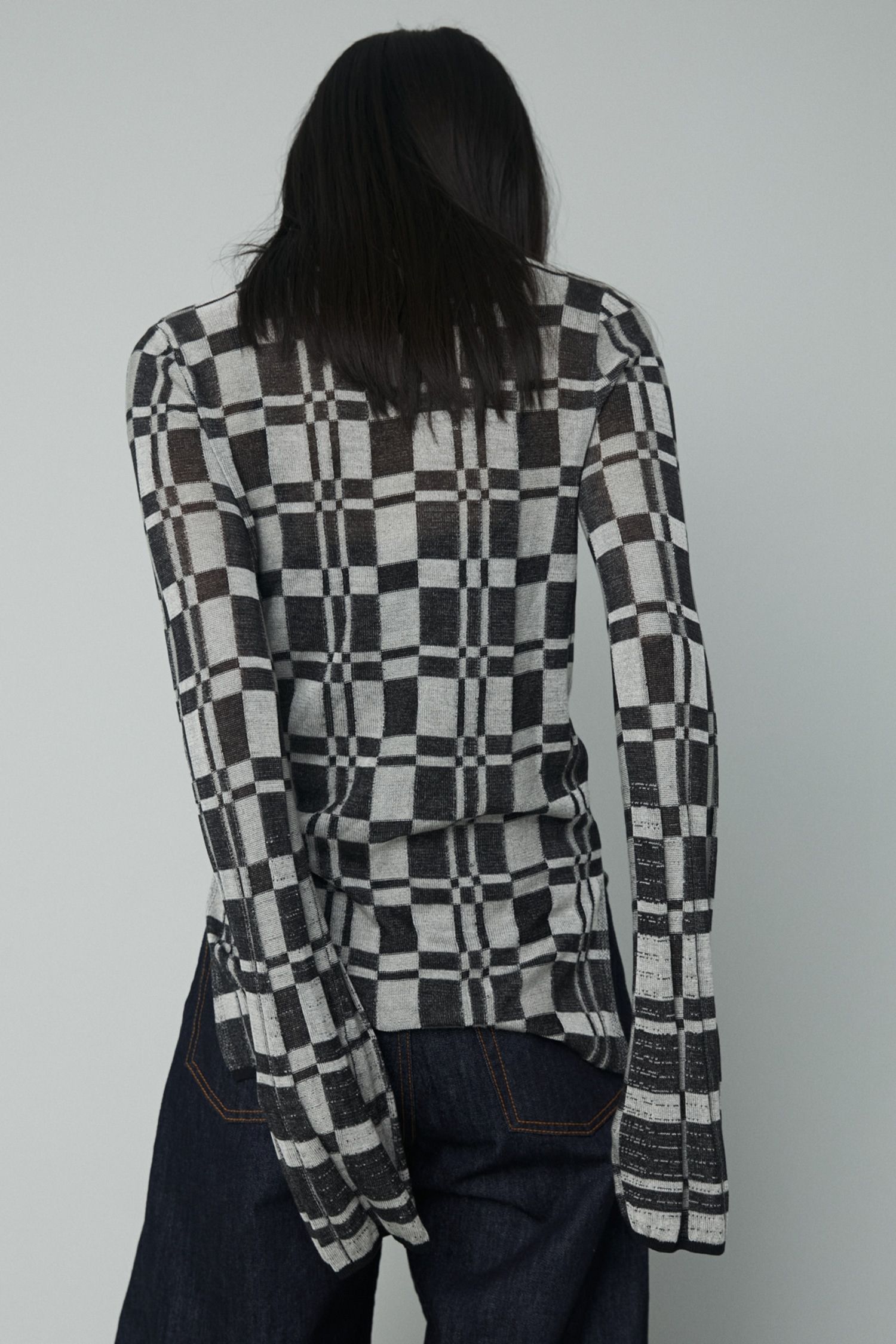 チェック ニット トップス - Check knit tops - BLACK