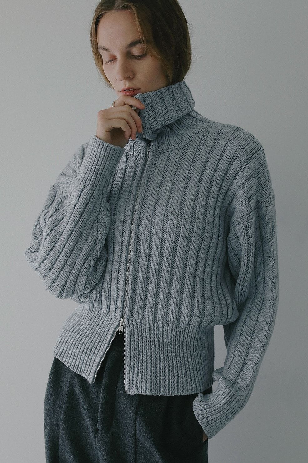 コットンリブニットブルゾン - COTTON RIBKNIT BLOUSON (BLUE)