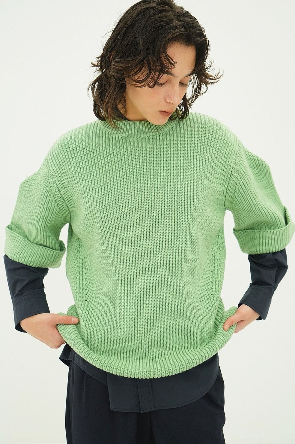 ニットトップス - OVER HALF SLEEVE KNIT TOPS (GREEN)