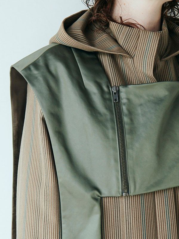 チェックフーデイーロングコート - KHAKI