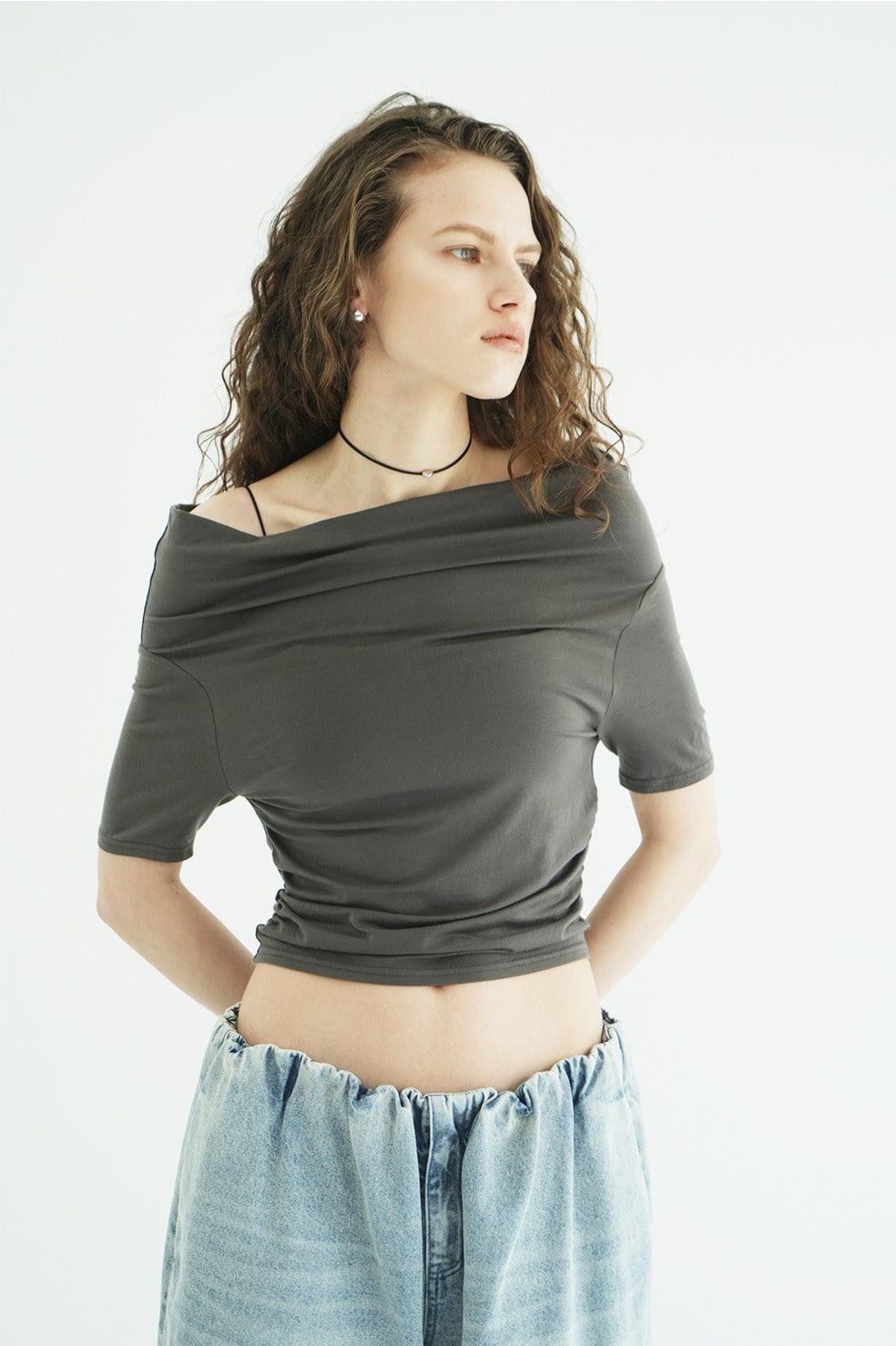 オフショルダートップス -  DRAPED OFF SHOULDER H/S TOPS(GREY)