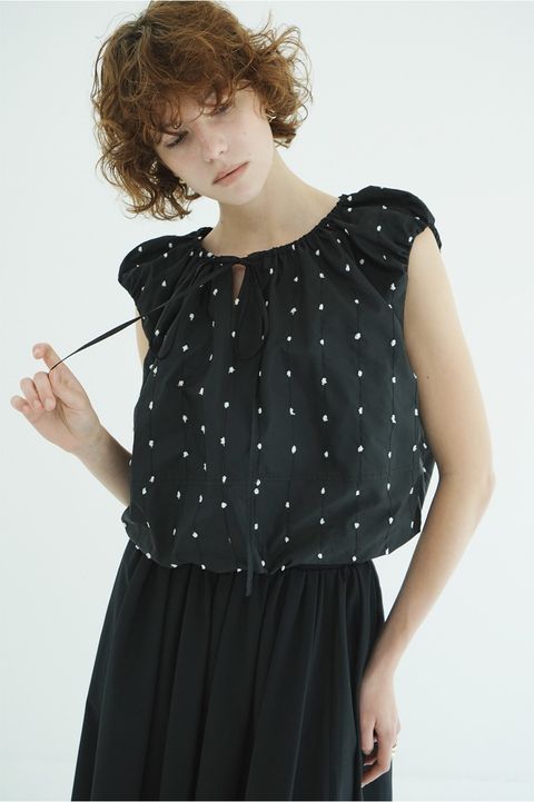 リボントップス -  W FACE DOT SLEEVELESS RIBBON TOPS (BLACK)