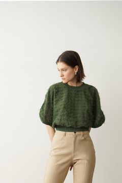 フリンジ アーチ スリーブ ニット トップス - FRINGE ARCH SLEEVE KNIT TOPS- GREEN