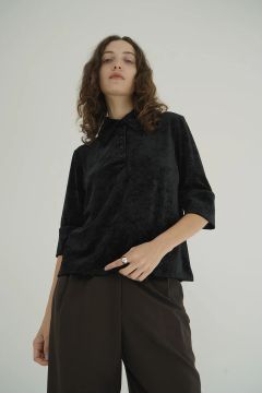 ベロア ポロトップス - CRUSHED VELOUR POLO TOPS BLACK