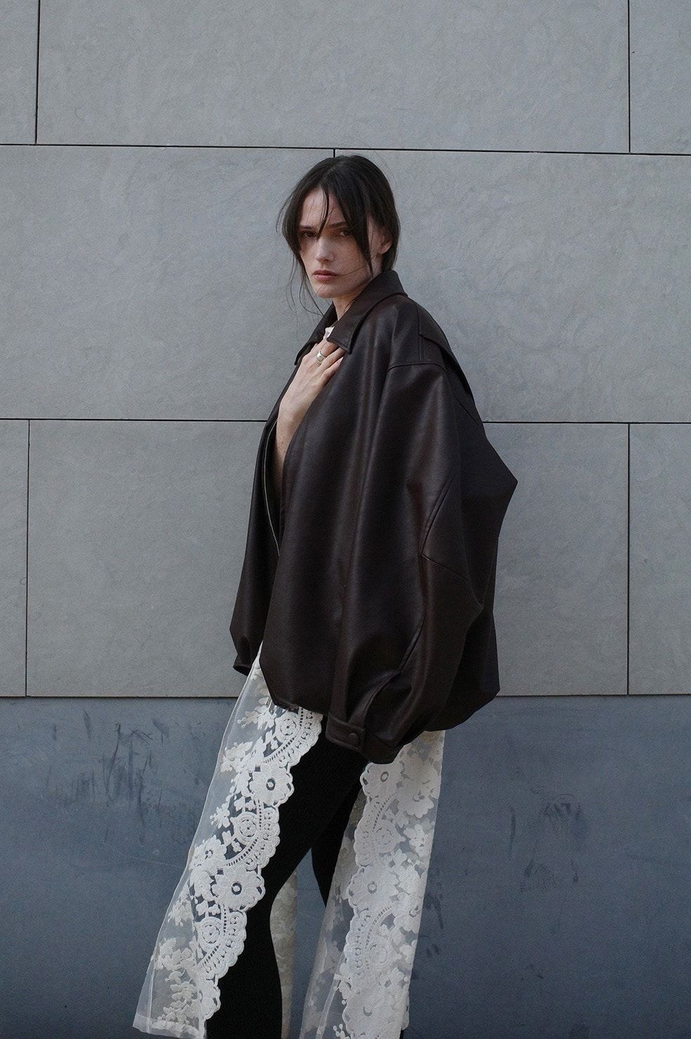 フェイクレザーバルーンジャケット - FAKE LEATHER BALLOON JACKET BROWN