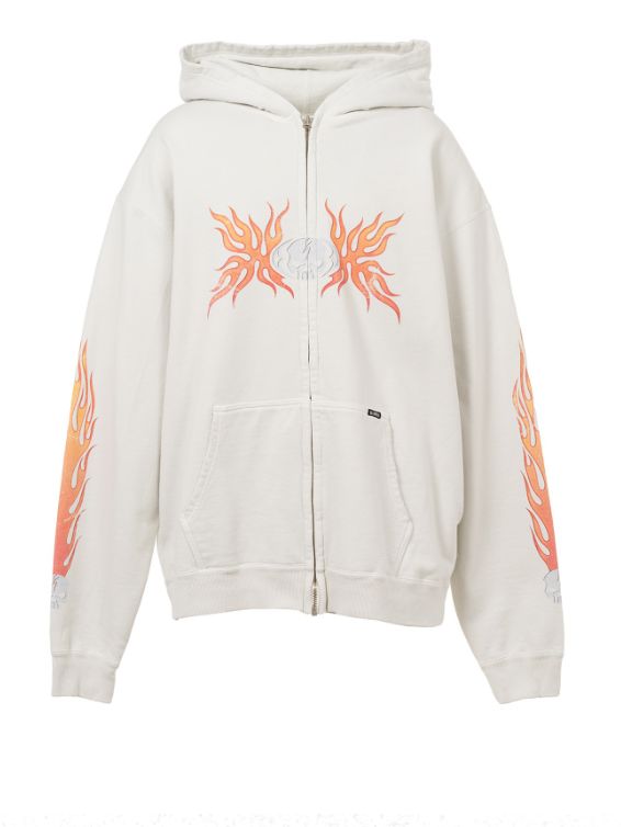スカルフレイム ディストレスド ジップアップフーディー - “Skull Flame”Distressed Zip-up Hoodie (WHITE)