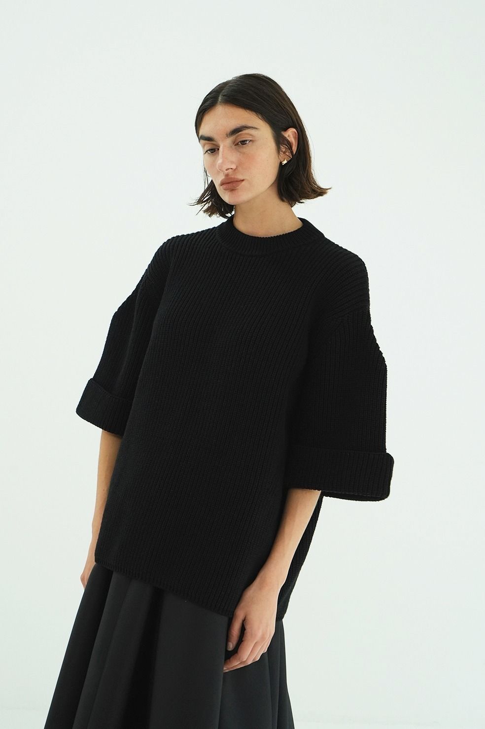 ニットトップス - OVER HALF SLEEVE KNIT TOPS (BLACK)