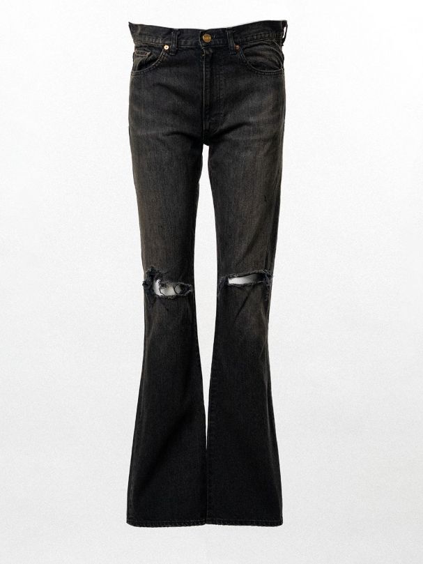 ディストレスド スリム ブーツカット デニム パンツ - Distressed Slim Bootcut Denim Pants (BLACK)