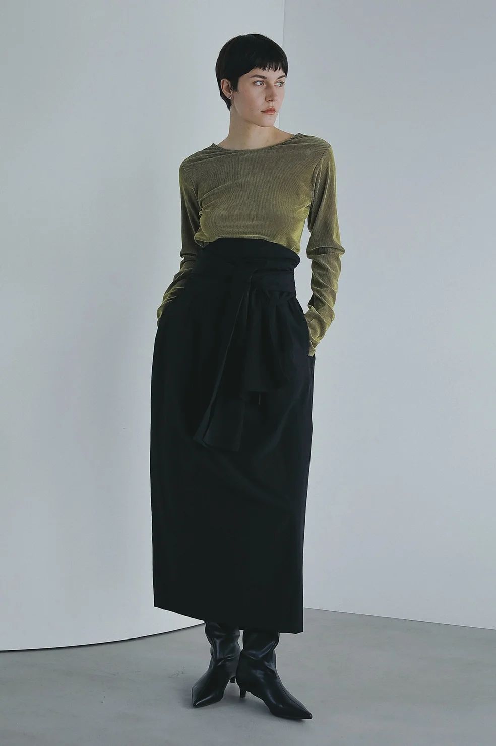 チュール フロッキー ストライプ トップス - TULLE FLOCKED STRIPE TOPS (YELLOW)