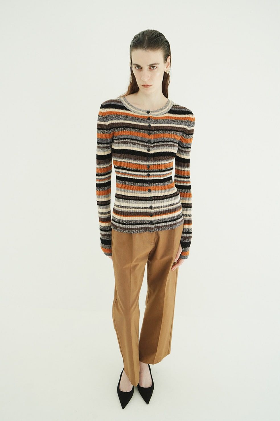 マルチボーダーニットカーディガン - MULTI BORDER BUTTON DETAIL KNIT CARDIGAN (ORANGE)