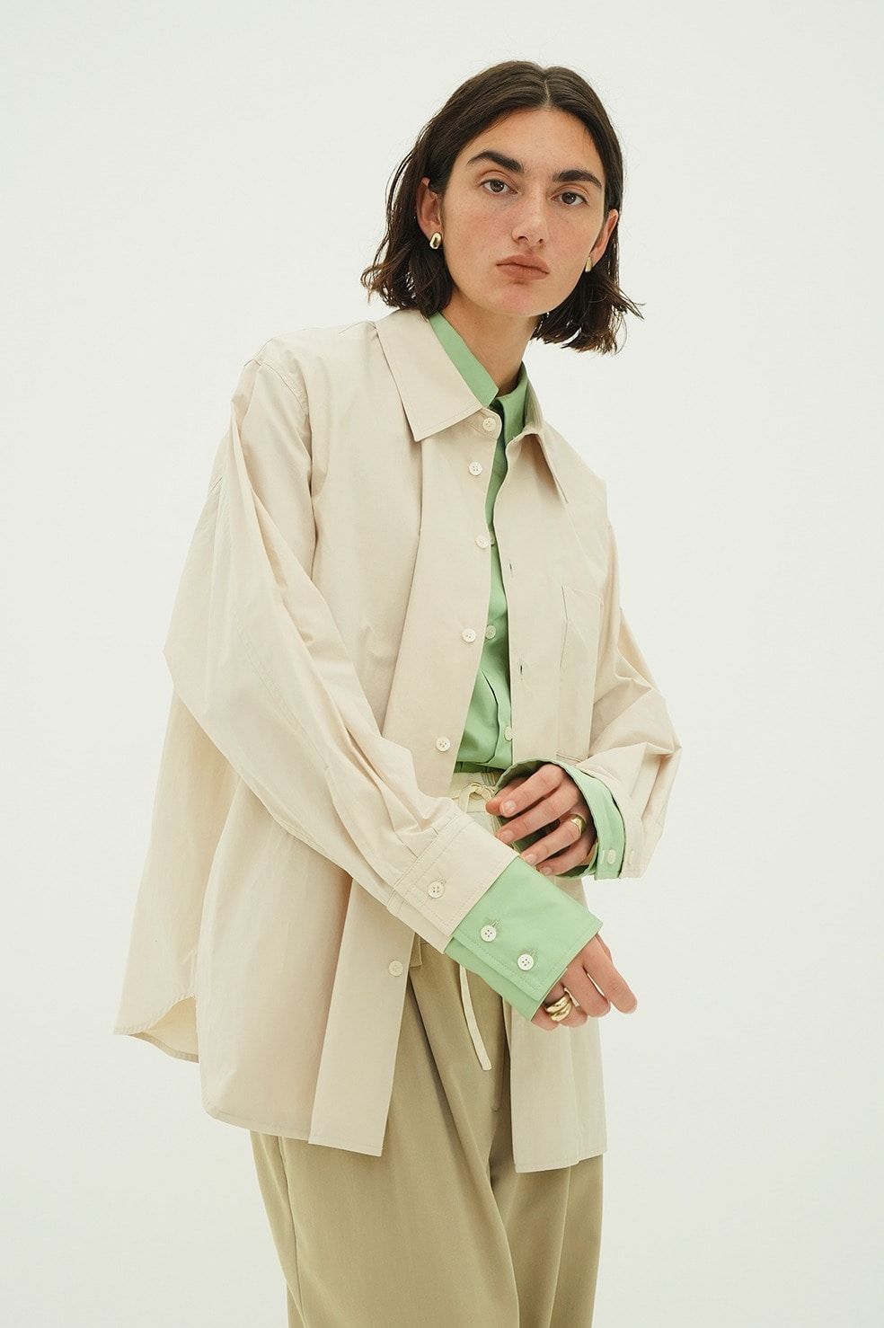 レイヤードシャツ - TWO TONE LAYERED SHIRTS (BEIGE)