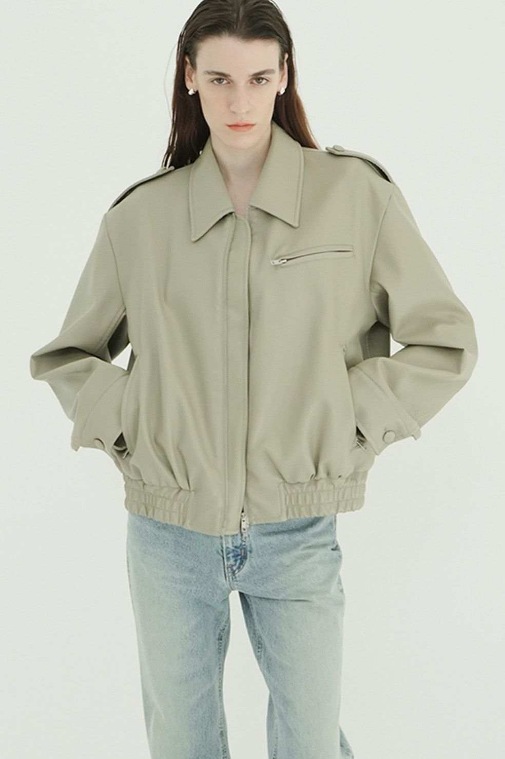 バルキーラインシングルレザージャケット - BULKY LINE SINGLE LEATHER JACKET (MOSS GREEN)