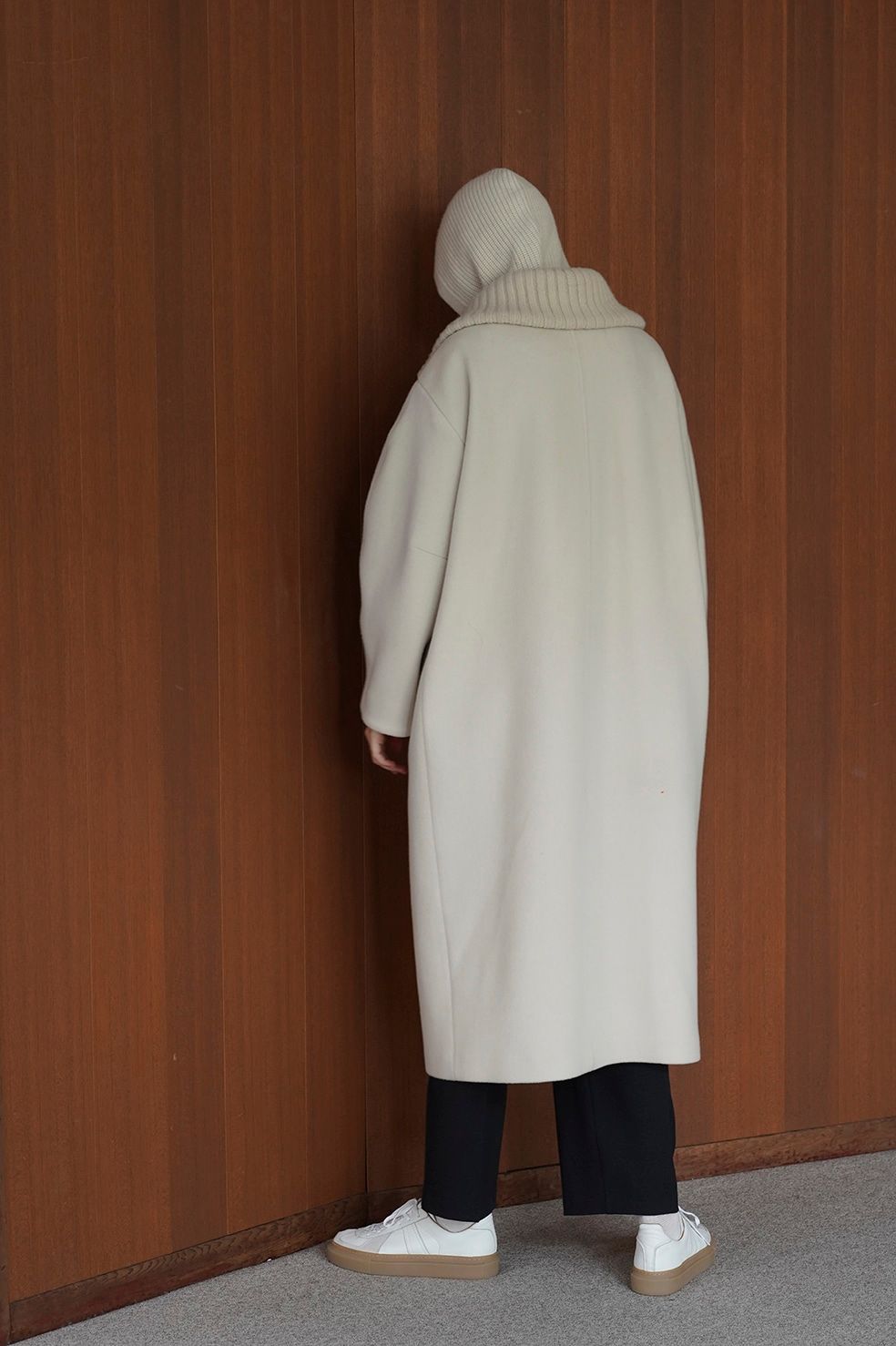 エリリブニットシングルコート - RIB COLLAR WOOL LONG COAT - IVORY