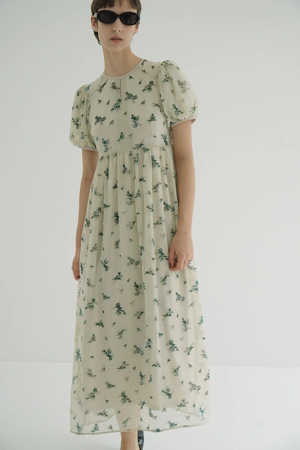 オパールプリント ワンピース -   FLOWER OPAL PUFF ONEPIECE IVORY