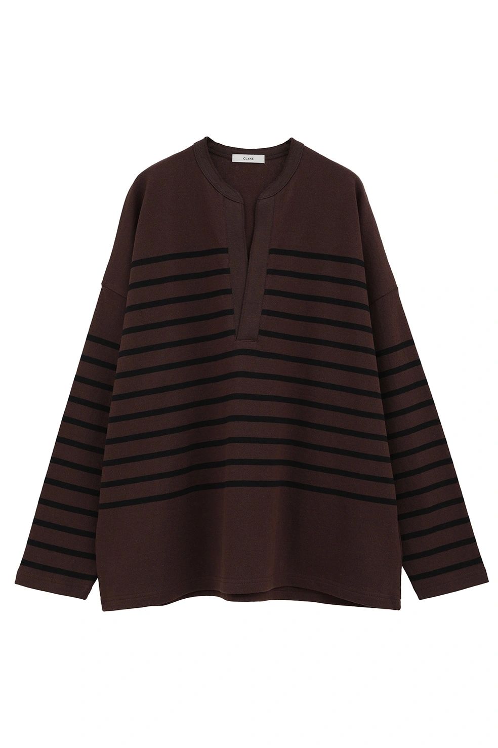 ヘンリーネックデザイントップス - WIDE HENRY NECK BORDER TOPS (BROWN)