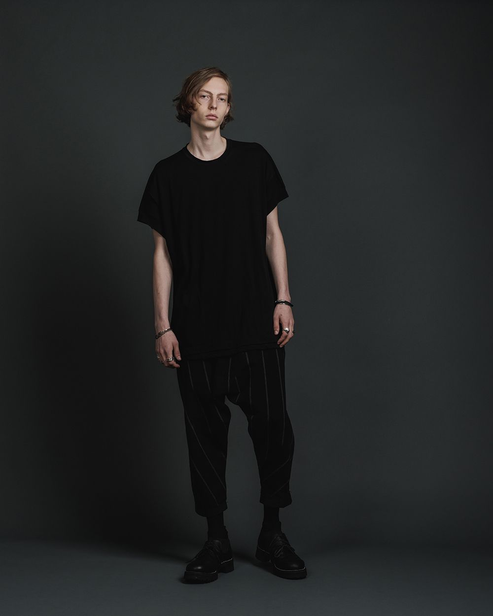 綿シルク 天竺 ショート スリーブ レイヤード ティーシャツ - double layerd short-sleeve t - BLACK