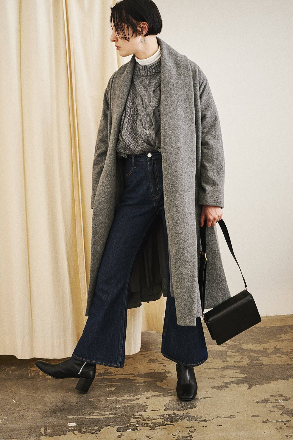 CLANE - ショールカラーフレアコート - SHAWL COLLAR FLARE COAT GREY