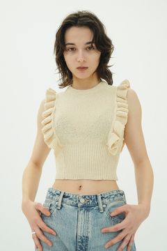 フリル スリーブ ニットトップス - FRILL SLEEVE KNIT TOPS (IVORY)