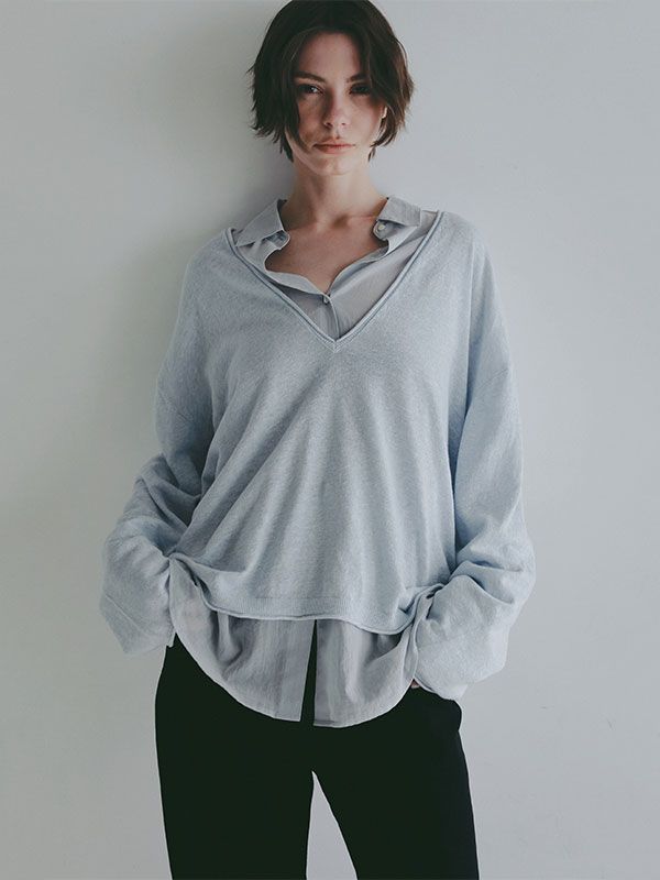 コットンリネンハイゲージネックニットプルオーバー (LIGHT BLUE)