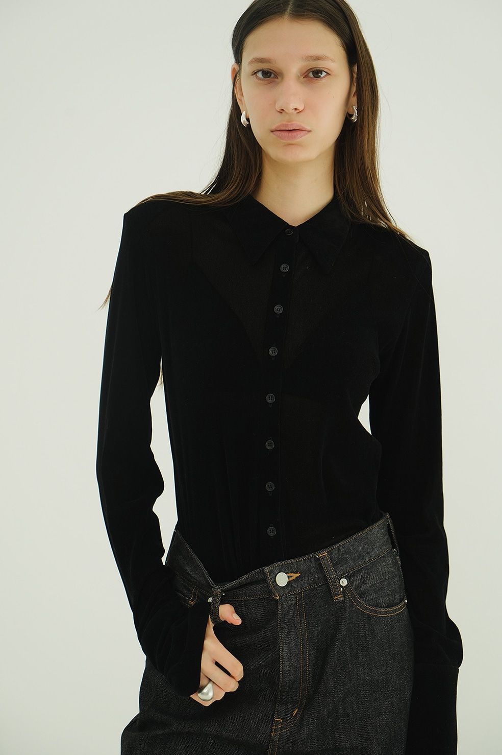 チュールフロッキーシャツ | TULLE FLOCKY SHIRTS (BLACK)