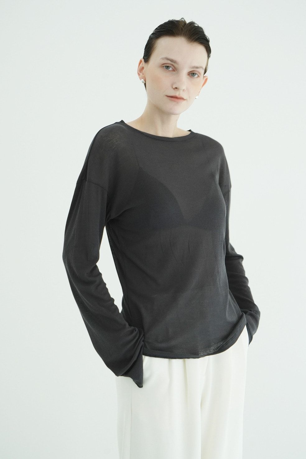 シアールーズロンティー - SHEER LOOSE CUT TOPS (CHARCOAL GRAY)