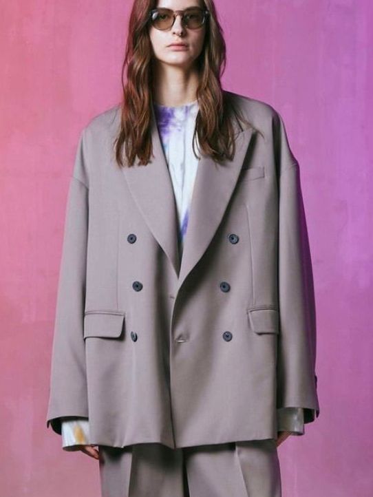 オーバー テーラードジャケット  - Wool Mix Prime-Over Peaked Lapel Double Tailored Jacket GREY