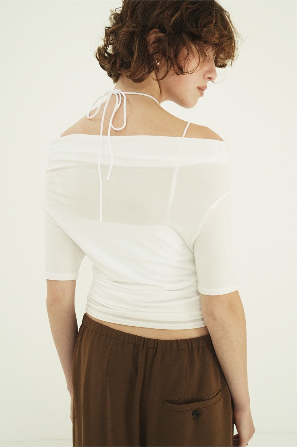 オフショルダートップス -  DRAPED OFF SHOULDER H/S TOPS(WHITE)