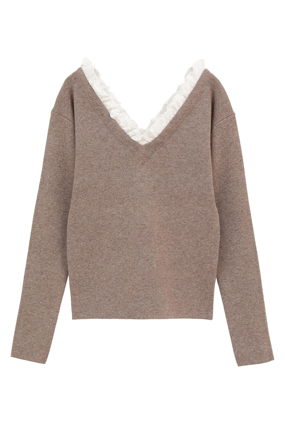ツーウェイ フリルニットトップス - 2WAY FRILL V NECK KNIT TOPS (BEIGE)