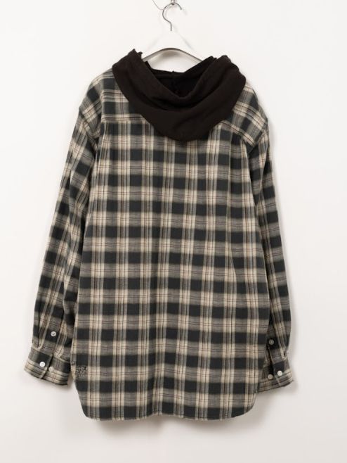 ディストレスト チェックシャツ フーディー - Distressed Check Shirts Hoodie BLACK