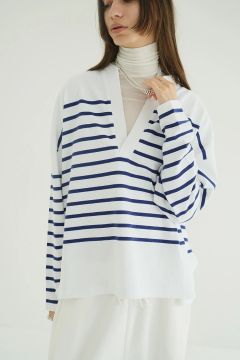 ヘンリーネックデザイントップス - WIDE HENRY NECK BORDER TOPS (WHITE)