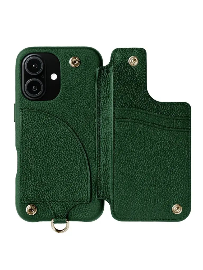 【BALLON CINQ】 手帳型 レザーケース iPhone 14～17シリーズ対応 (グリーン）
