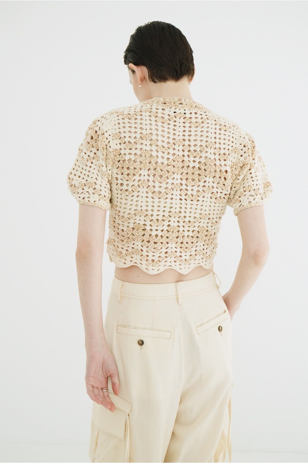 半袖ニットカーディガン - MALL BORDER HAND CROCHET KNIT CARDIGAN (BEIGE)