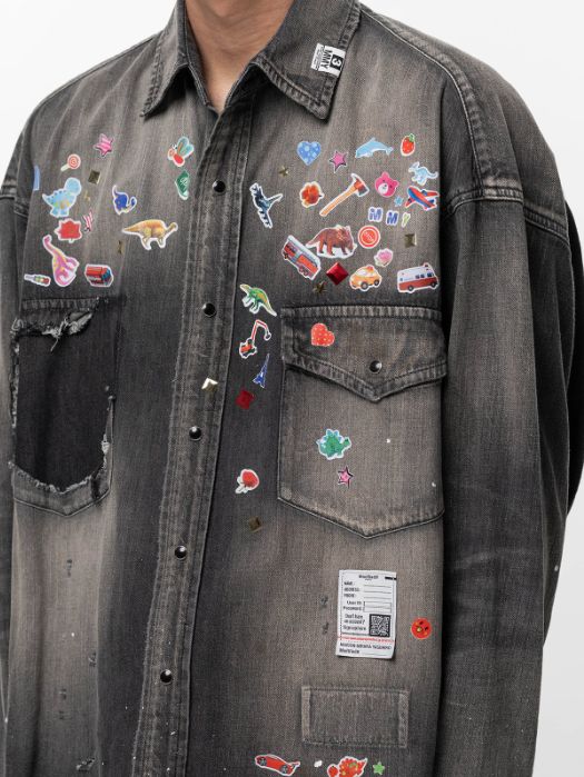 キッズ ステッカー プリント デニム シャツ | Kids Sticker Printed Denim Shirt - BLACK
