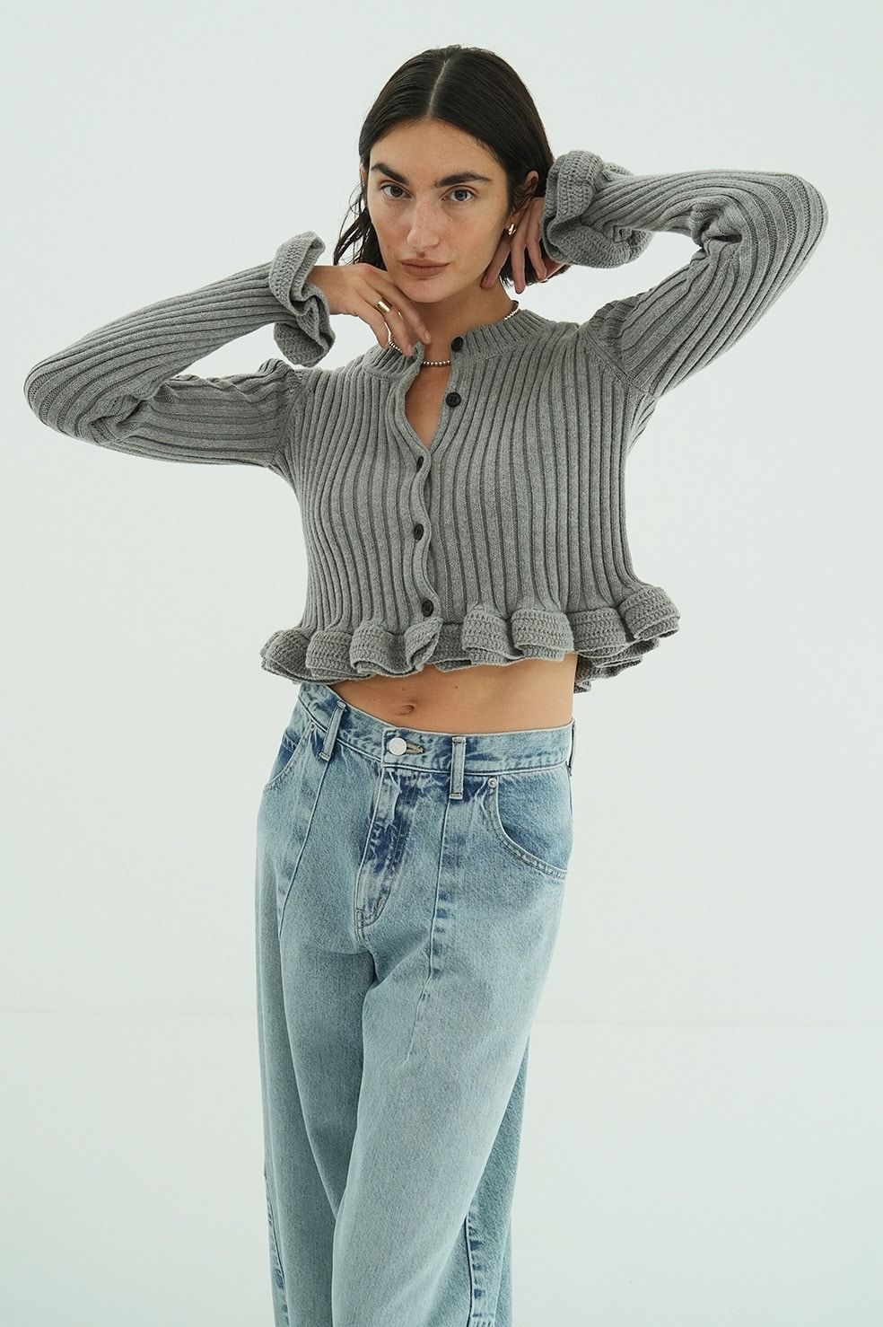 ダブルフェイス フリルド ニットトップス - W FACE SHORT FRILLED KNIT TOPS (GREY)