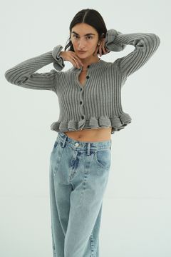 ダブルフェイス フリルド ニットトップス - W FACE SHORT FRILLED KNIT TOPS (GREY)