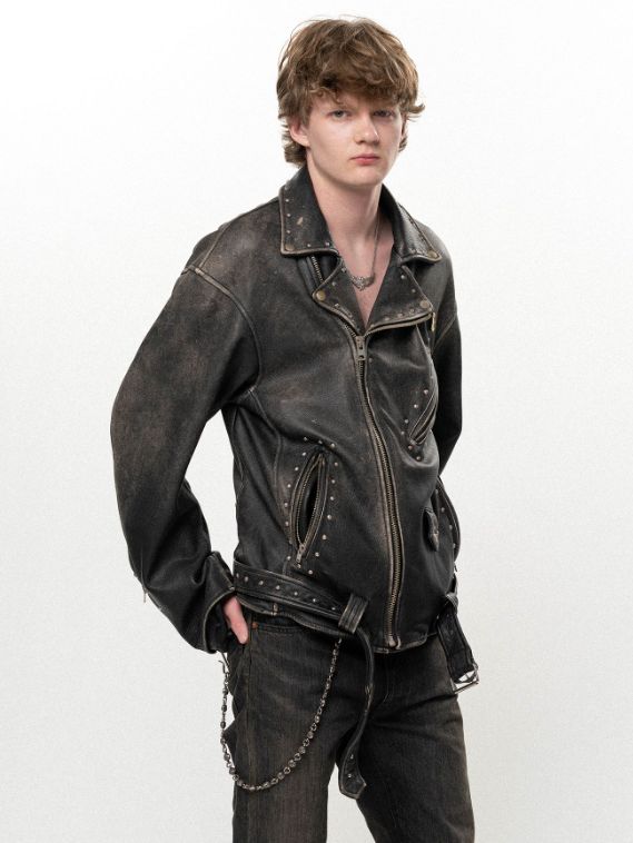 ディストレスド レザー スタッズド バイカー ジャケット - Distressed Leather Studded Biker Jacket (BLACK)